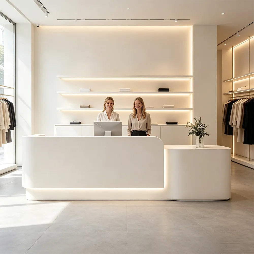 LUXORA Modern Reception Desk with Illuminated Stainless Steel Logo for Office Salon Retail Store - White