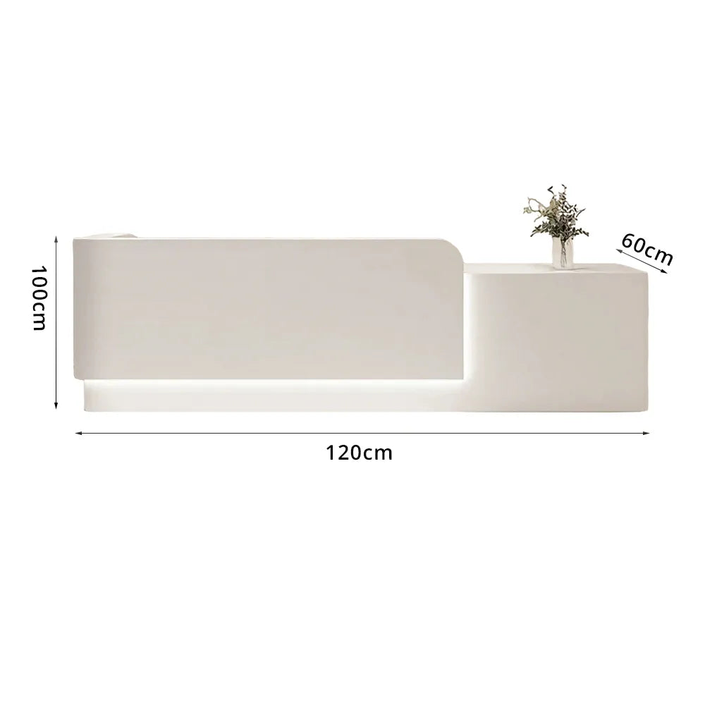 LUXORA Modern Reception Desk with Illuminated Stainless Steel Logo for Office Salon Retail Store - White