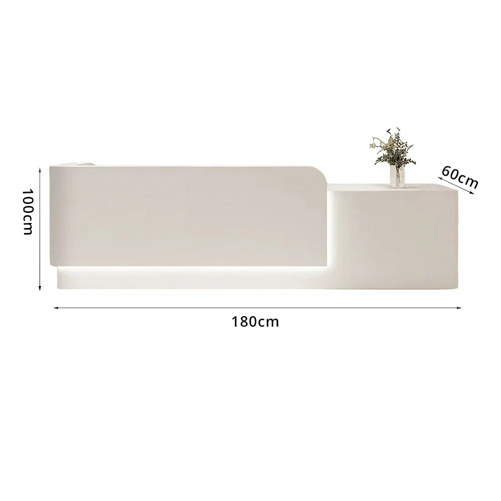 LUXORA Modern Reception Desk with Illuminated Stainless Steel Logo for Office Salon Retail Store - White