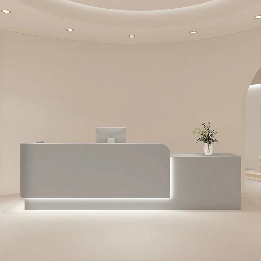 LUXORA Modern Reception Desk with Illuminated Stainless Steel Logo for Office Salon Retail Store - Grey