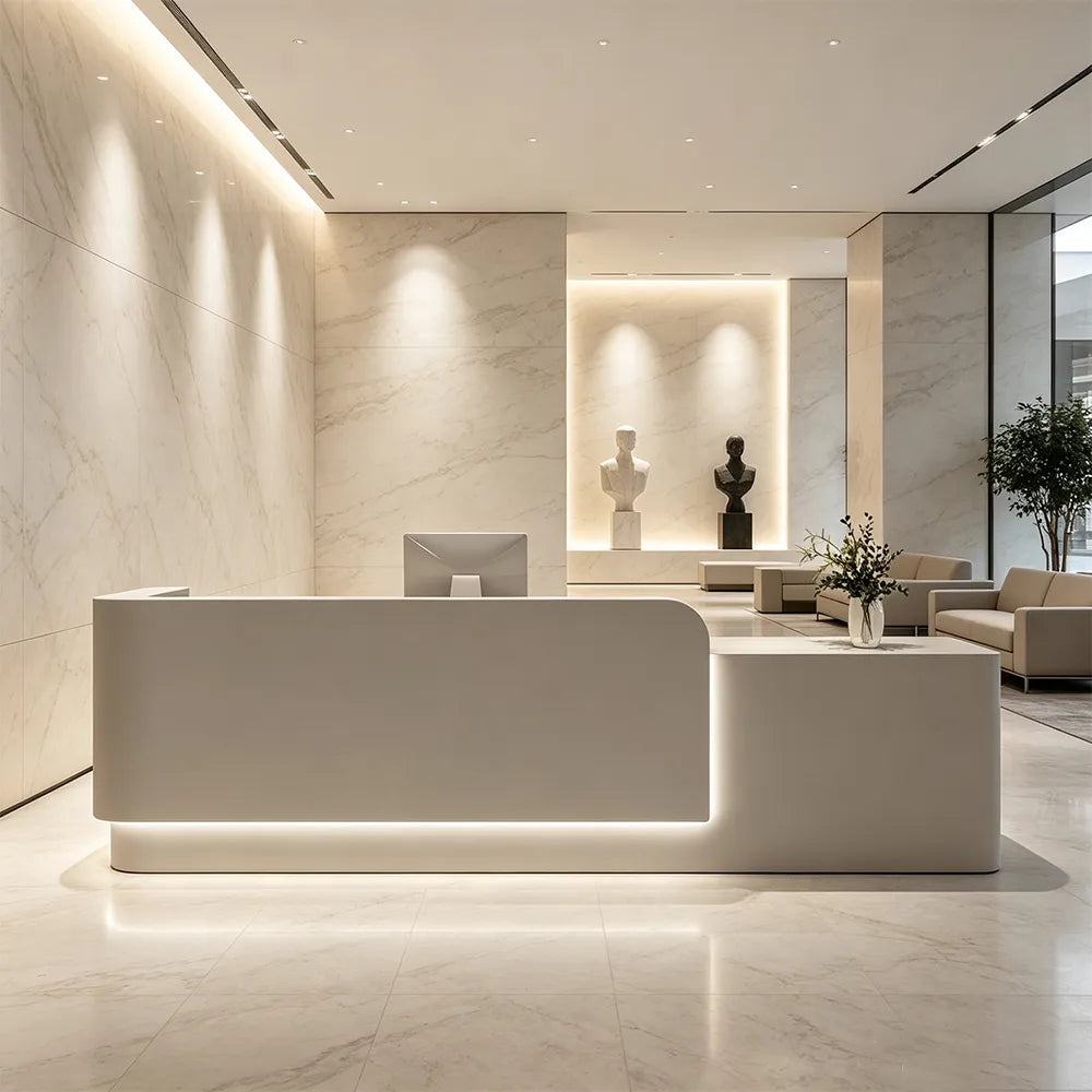 LUXORA Modern Reception Desk with Illuminated Stainless Steel Logo for Office Salon Retail Store - Grey