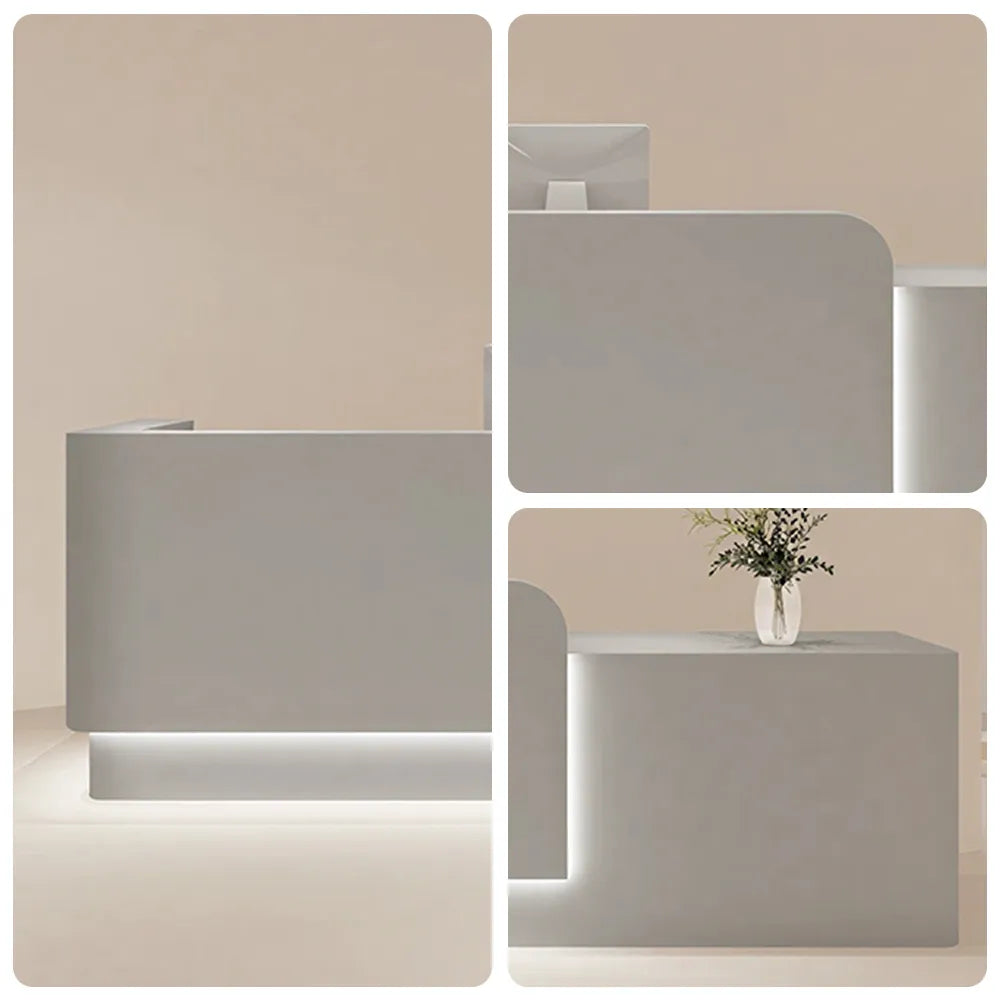 LUXORA Modern Reception Desk with Illuminated Stainless Steel Logo for Office Salon Retail Store - Grey
