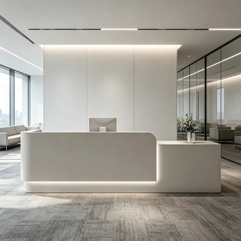 LUXORA Modern Reception Desk with Illuminated Stainless Steel Logo for Office Salon Retail Store - Grey