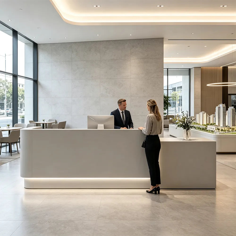 LUXORA Modern Reception Desk with Illuminated Stainless Steel Logo for Office Salon Retail Store - Grey