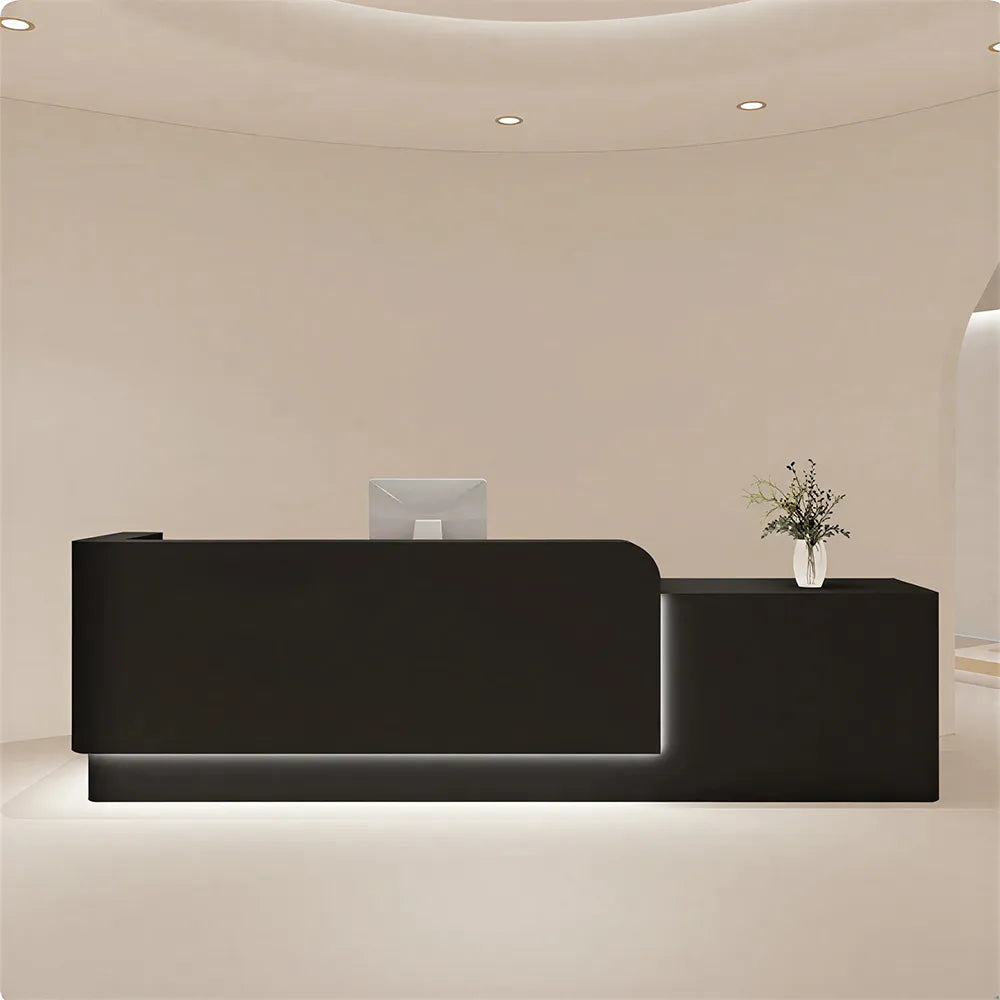 LUXORA Modern Reception Desk with Illuminated Stainless Steel Logo for Office Salon Retail Store - Black