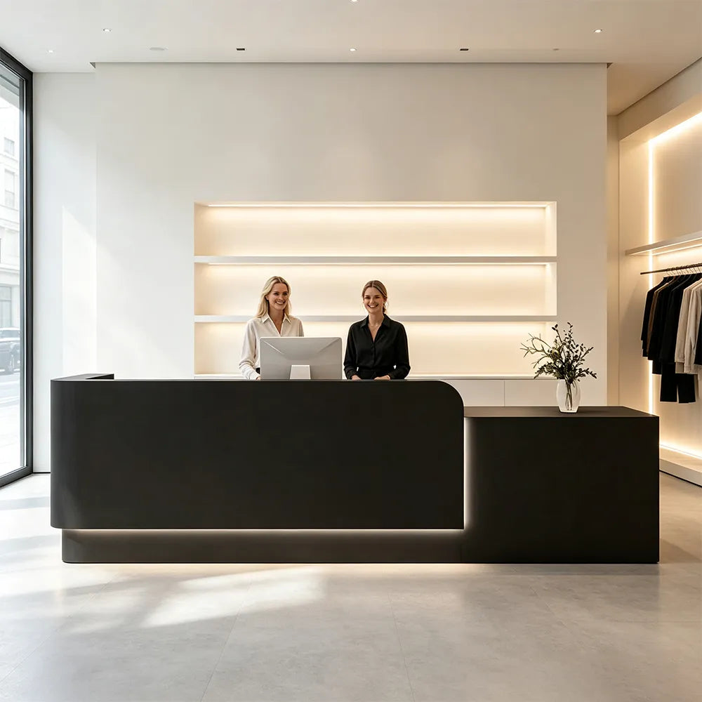 LUXORA Modern Reception Desk with Illuminated Stainless Steel Logo for Office Salon Retail Store - Black