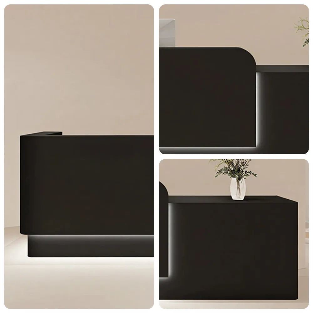 LUXORA Modern Reception Desk with Illuminated Stainless Steel Logo for Office Salon Retail Store - Black