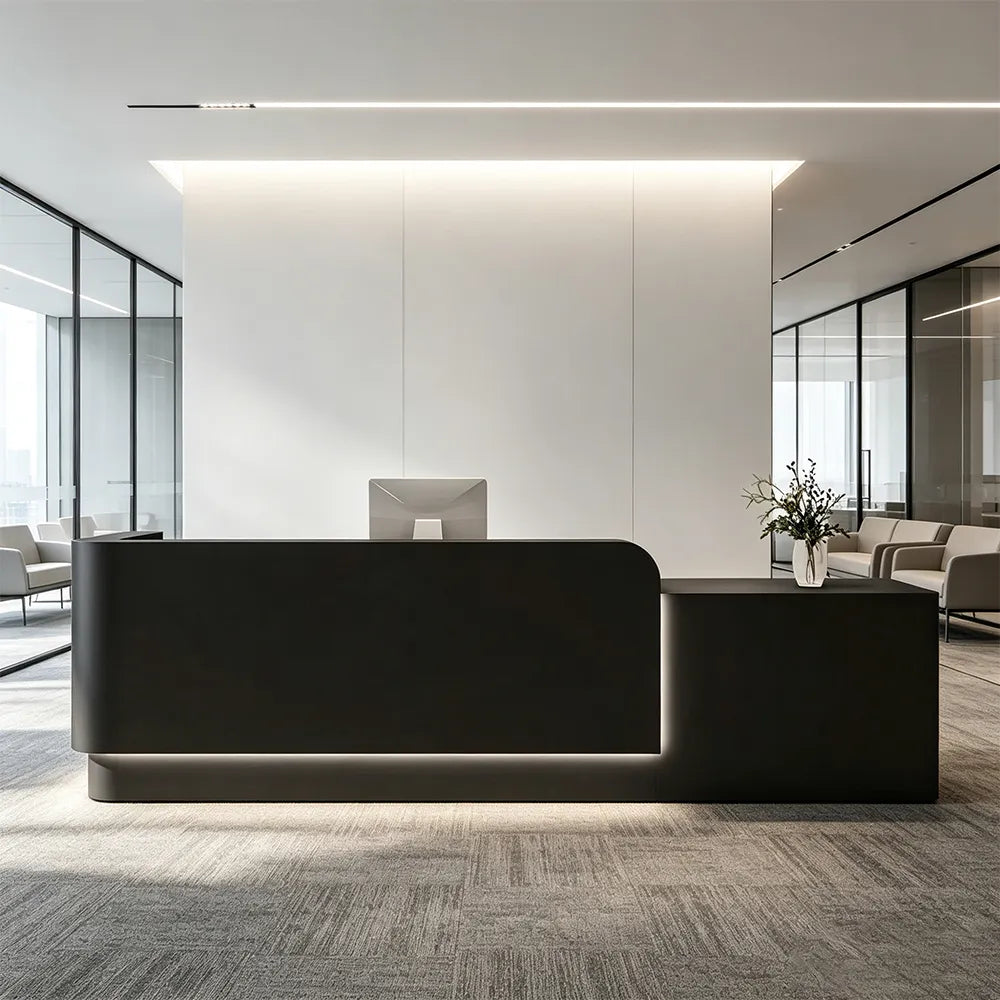 LUXORA Modern Reception Desk with Illuminated Stainless Steel Logo for Office Salon Retail Store - Black