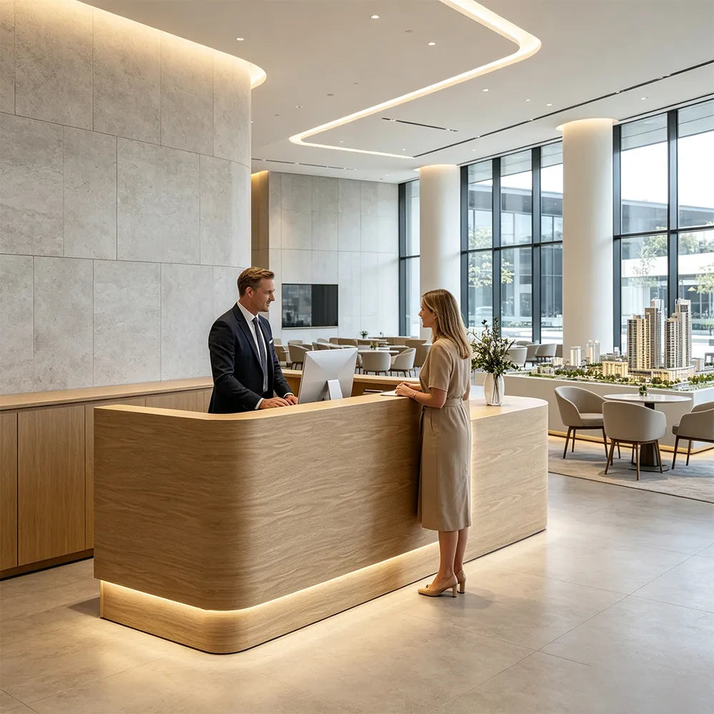 LUXORA Modern Reception Desk with Illuminated Stainless Steel Logo for Office Salon Retail Store - Wood