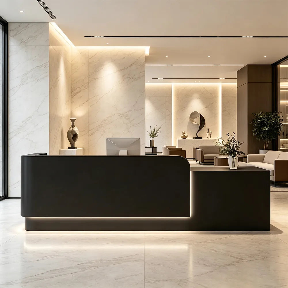 LUXORA Modern Reception Desk with Illuminated Stainless Steel Logo for Office Salon Retail Store - Black