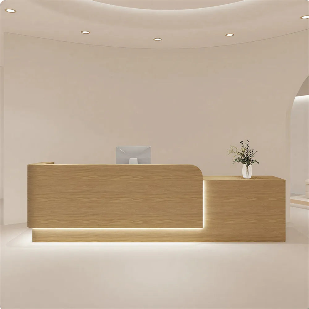 LUXORA Modern Reception Desk with Illuminated Stainless Steel Logo for Office Salon Retail Store - Wood
