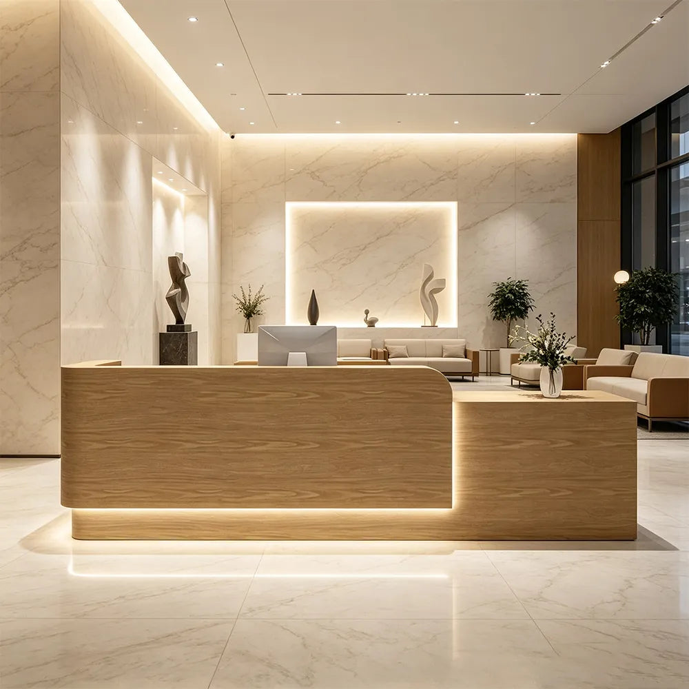 LUXORA Modern Reception Desk with Illuminated Stainless Steel Logo for Office Salon Retail Store - Wood