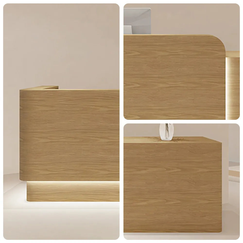 LUXORA Modern Reception Desk with Illuminated Stainless Steel Logo for Office Salon Retail Store - Wood