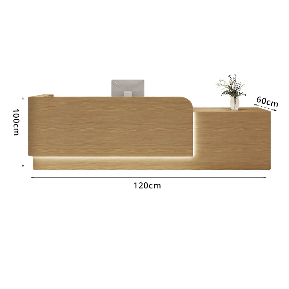 LUXORA Modern Reception Desk with Illuminated Stainless Steel Logo for Office Salon Retail Store - Wood