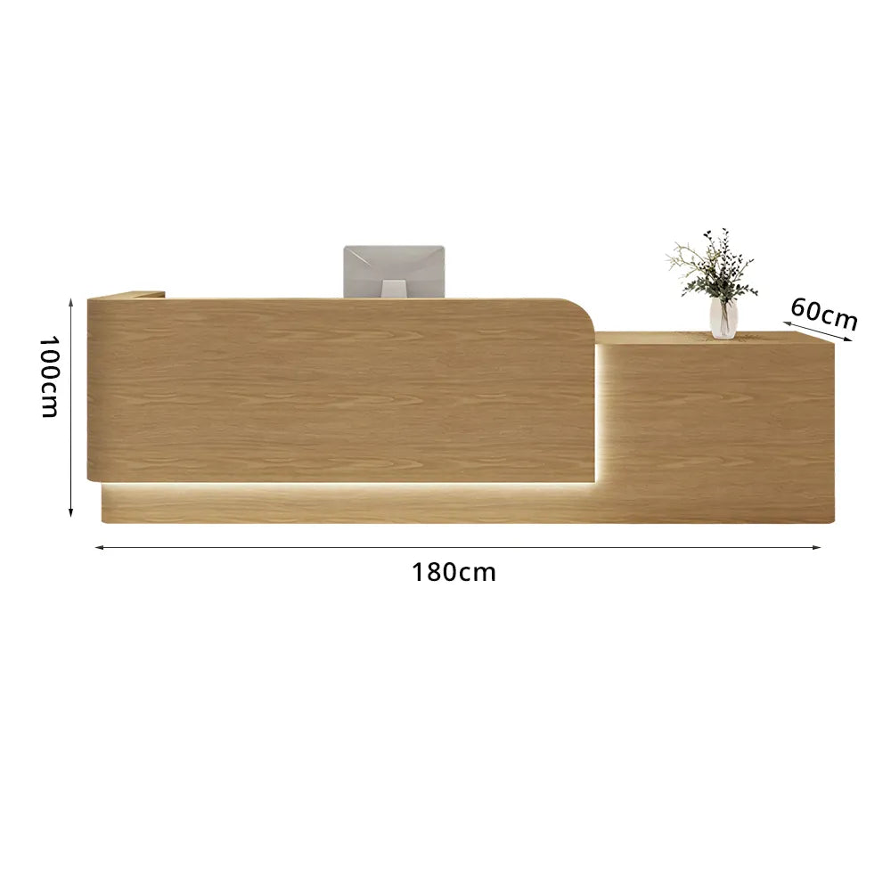LUXORA Modern Reception Desk with Illuminated Stainless Steel Logo for Office Salon Retail Store - Wood
