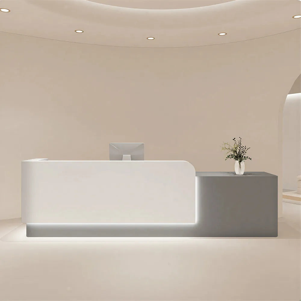 LUXORA Modern Reception Desk with Illuminated Stainless Steel Logo for Office Salon Retail Store - White & Grey
