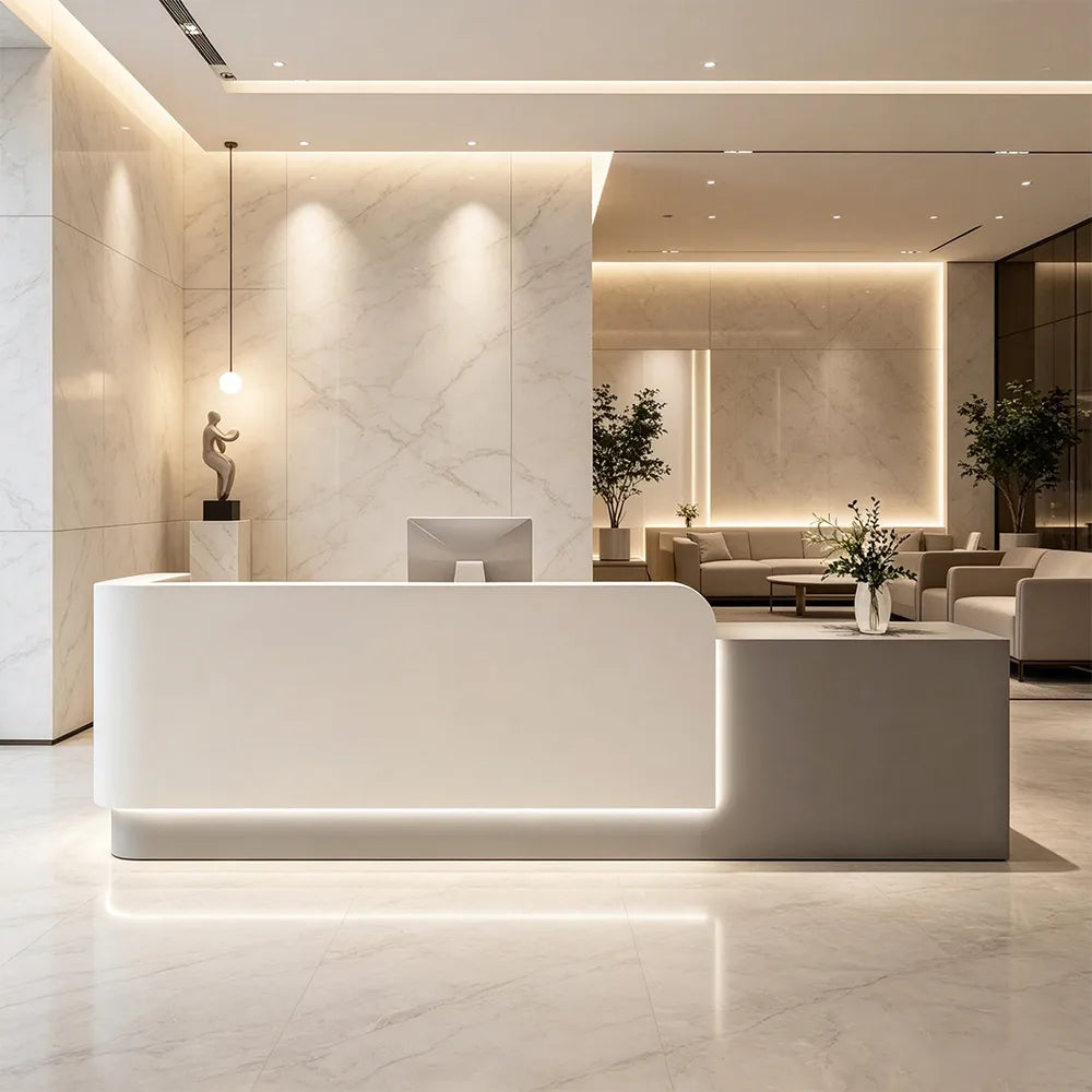 LUXORA Modern Reception Desk with Illuminated Stainless Steel Logo for Office Salon Retail Store - White & Grey