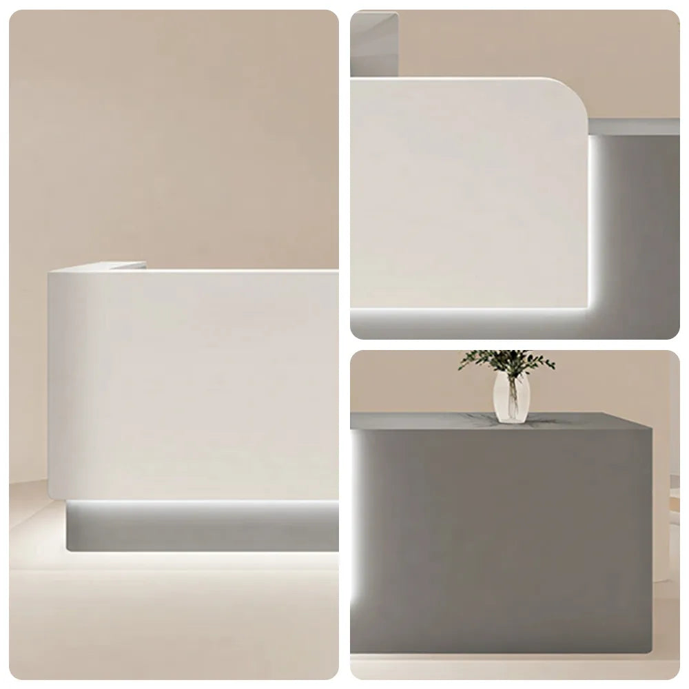 LUXORA Modern Reception Desk with Illuminated Stainless Steel Logo for Office Salon Retail Store - White & Grey