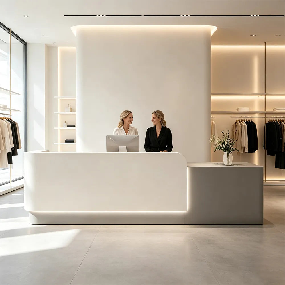 LUXORA Modern Reception Desk with Illuminated Stainless Steel Logo for Office Salon Retail Store - White & Grey