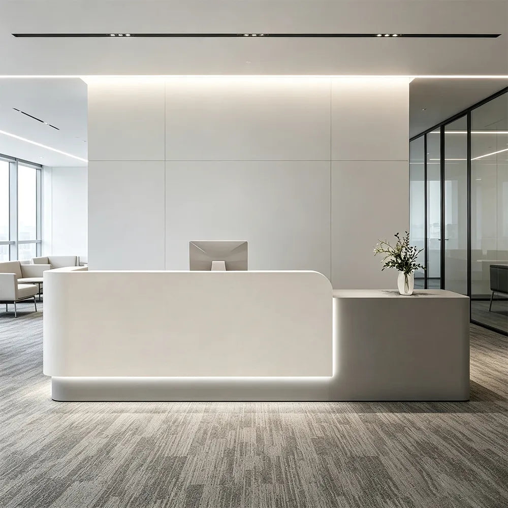 LUXORA Modern Reception Desk with Illuminated Stainless Steel Logo for Office Salon Retail Store - White & Grey