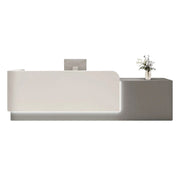 LUXORA Modern Reception Desk with Illuminated Stainless Steel Logo for Office Salon Retail Store - White & Grey