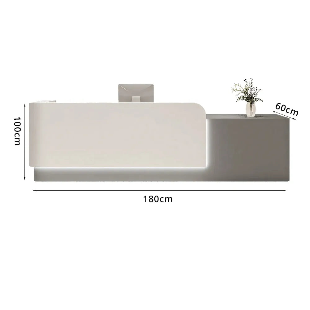 LUXORA Modern Reception Desk with Illuminated Stainless Steel Logo for Office Salon Retail Store - White & Grey