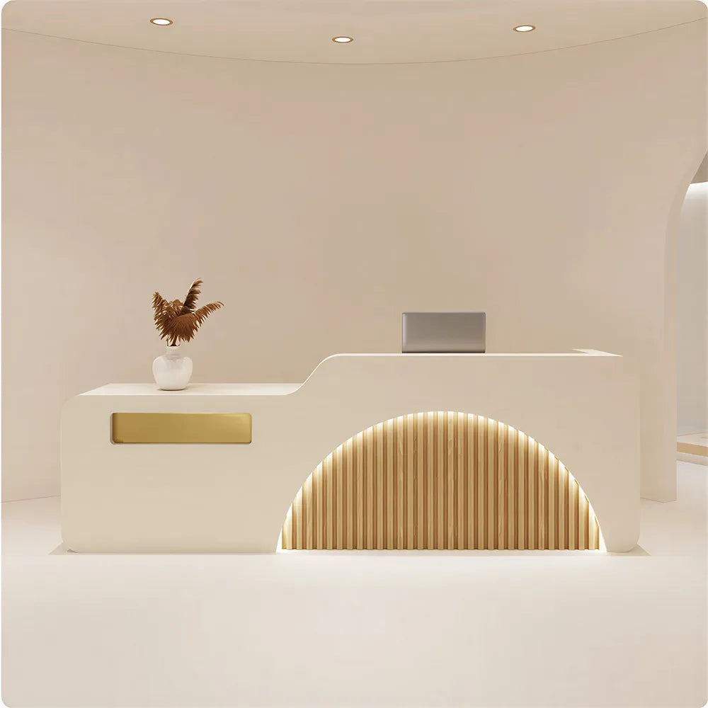 LUXORA Modern Reception Desk with Illuminated Stainless Steel Logo for Office Salon Retail Store - Beige & Natural Wood