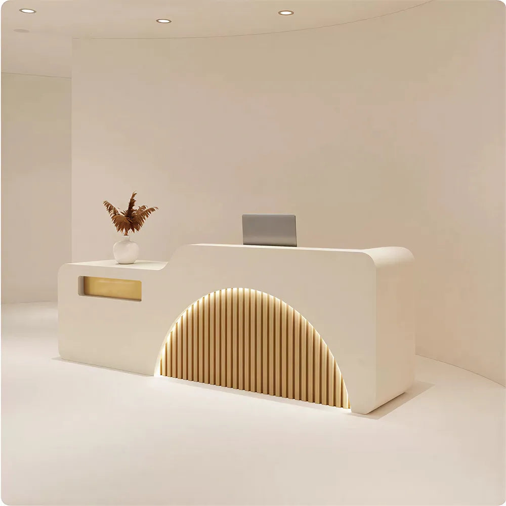 LUXORA Modern Reception Desk with Illuminated Stainless Steel Logo for Office Salon Retail Store - Beige & Natural Wood