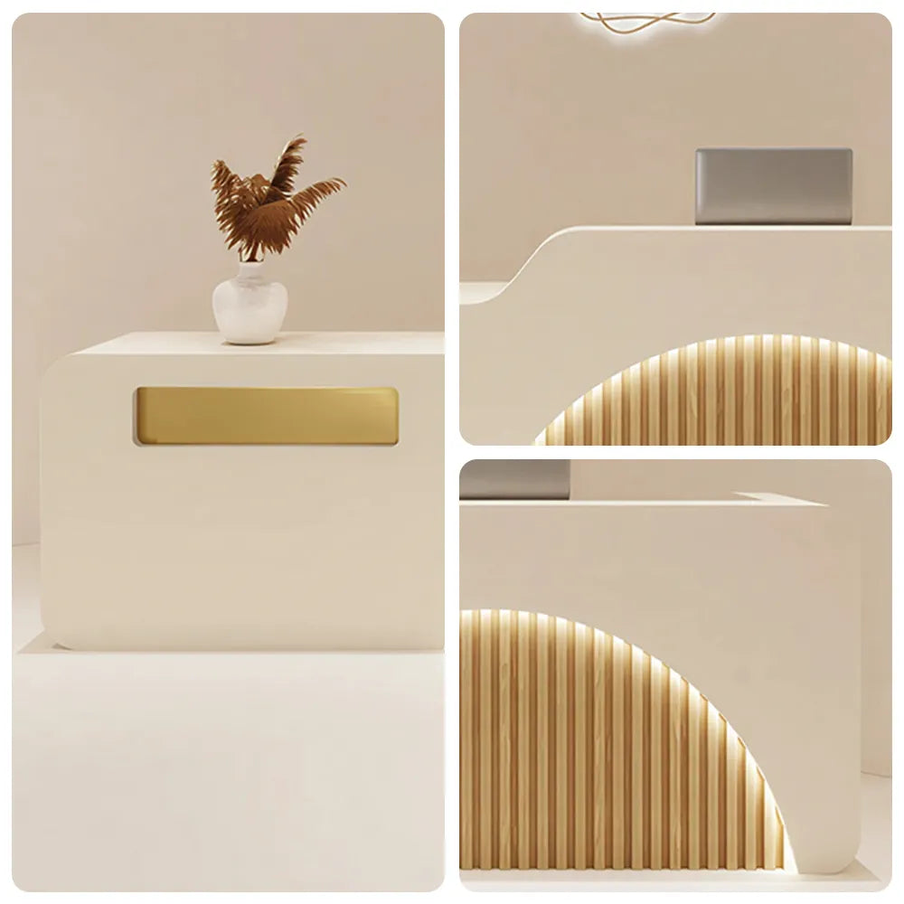 LUXORA Modern Reception Desk with Illuminated Stainless Steel Logo for Office Salon Retail Store - Beige & Natural Wood