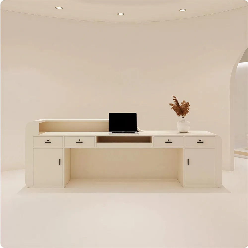 LUXORA Modern Reception Desk with Illuminated Stainless Steel Logo for Office Salon Retail Store - Beige & Natural Wood