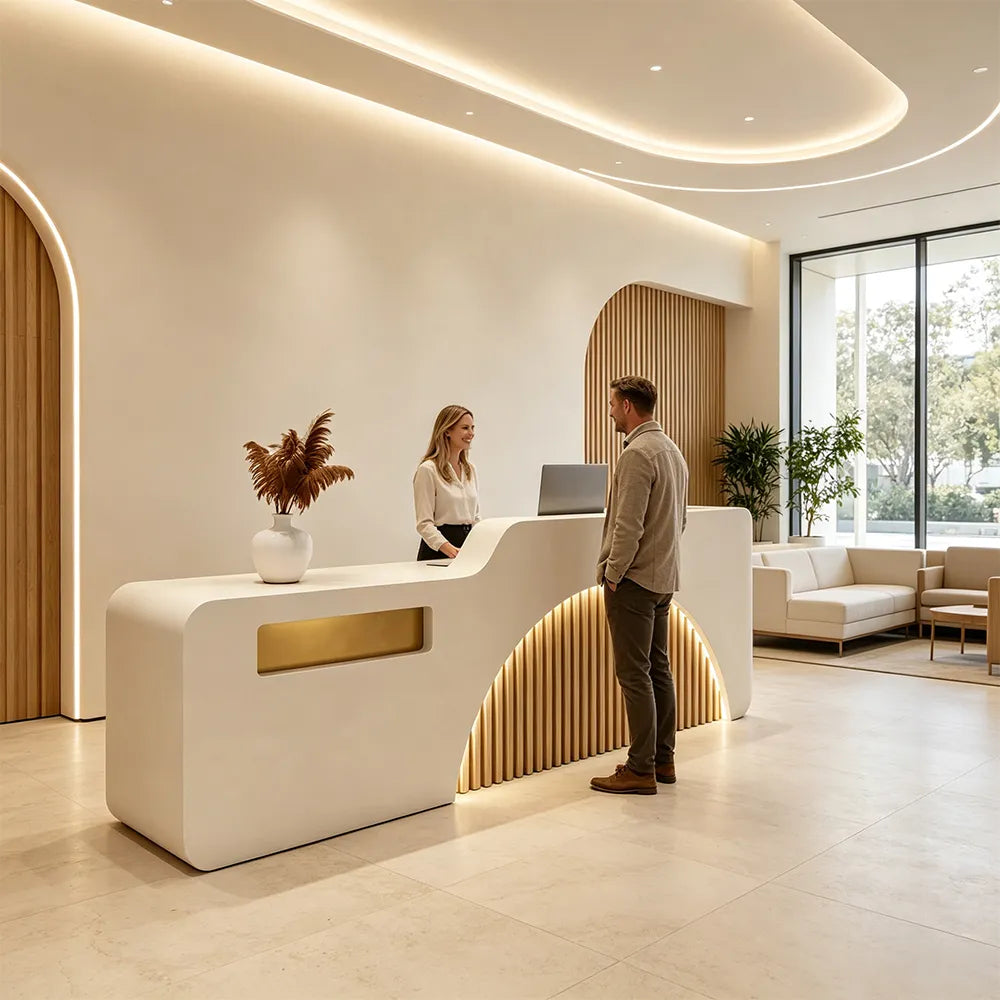 LUXORA Modern Reception Desk with Illuminated Stainless Steel Logo for Office Salon Retail Store - Beige & Natural Wood