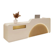 LUXORA Modern Reception Desk with Illuminated Stainless Steel Logo for Office Salon Retail Store - Beige & Natural Wood