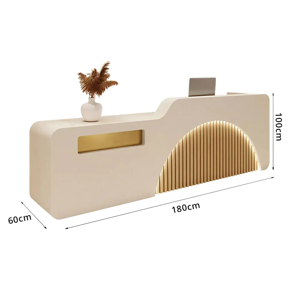 LUXORA Modern Reception Desk with Illuminated Stainless Steel Logo for Office Salon Retail Store - Beige & Natural Wood