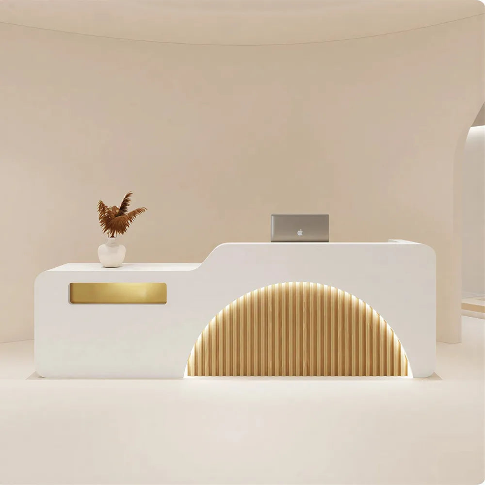 LUXORA Modern Reception Desk with Illuminated Stainless Steel Logo for Office Salon Retail Store - White & Natural Wood