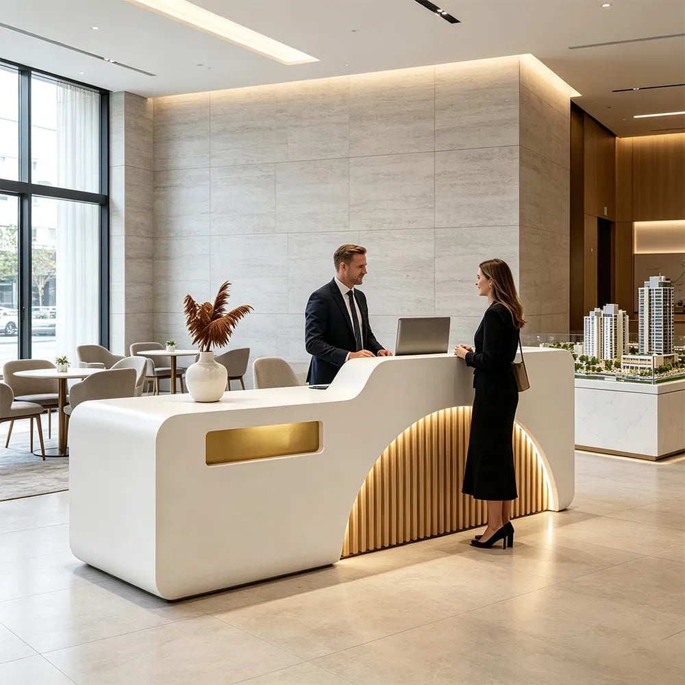 LUXORA Modern Reception Desk with Illuminated Stainless Steel Logo for Office Salon Retail Store - White & Natural Wood