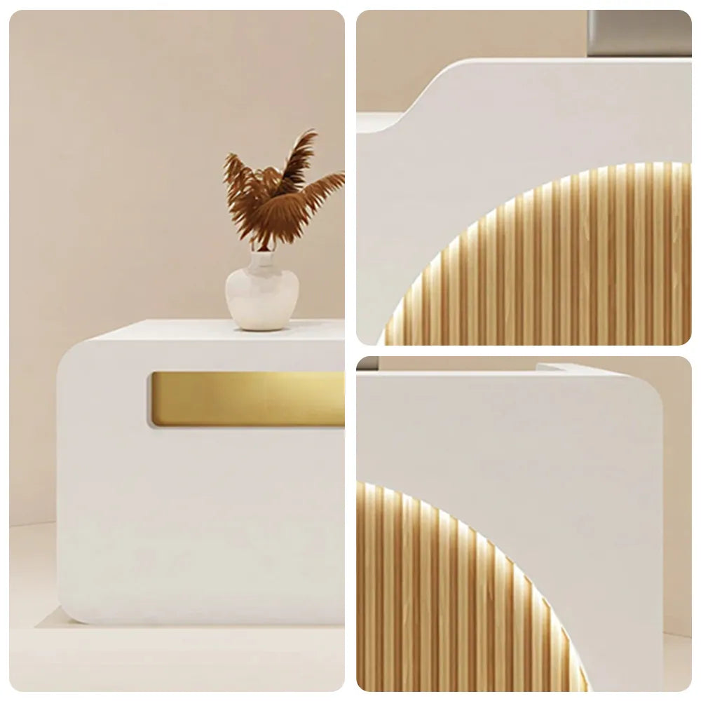 LUXORA Modern Reception Desk with Illuminated Stainless Steel Logo for Office Salon Retail Store - White & Natural Wood