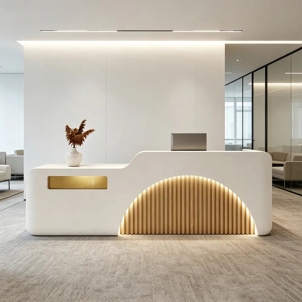 LUXORA Modern Reception Desk with Illuminated Stainless Steel Logo for Office Salon Retail Store - White & Natural Wood