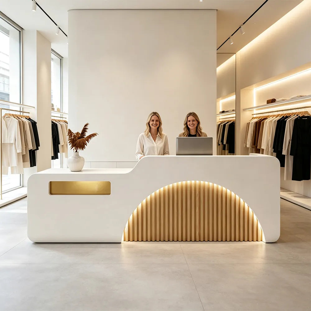 LUXORA Modern Reception Desk with Illuminated Stainless Steel Logo for Office Salon Retail Store - White & Natural Wood