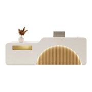 LUXORA Modern Reception Desk with Illuminated Stainless Steel Logo for Office Salon Retail Store - White & Natural Wood