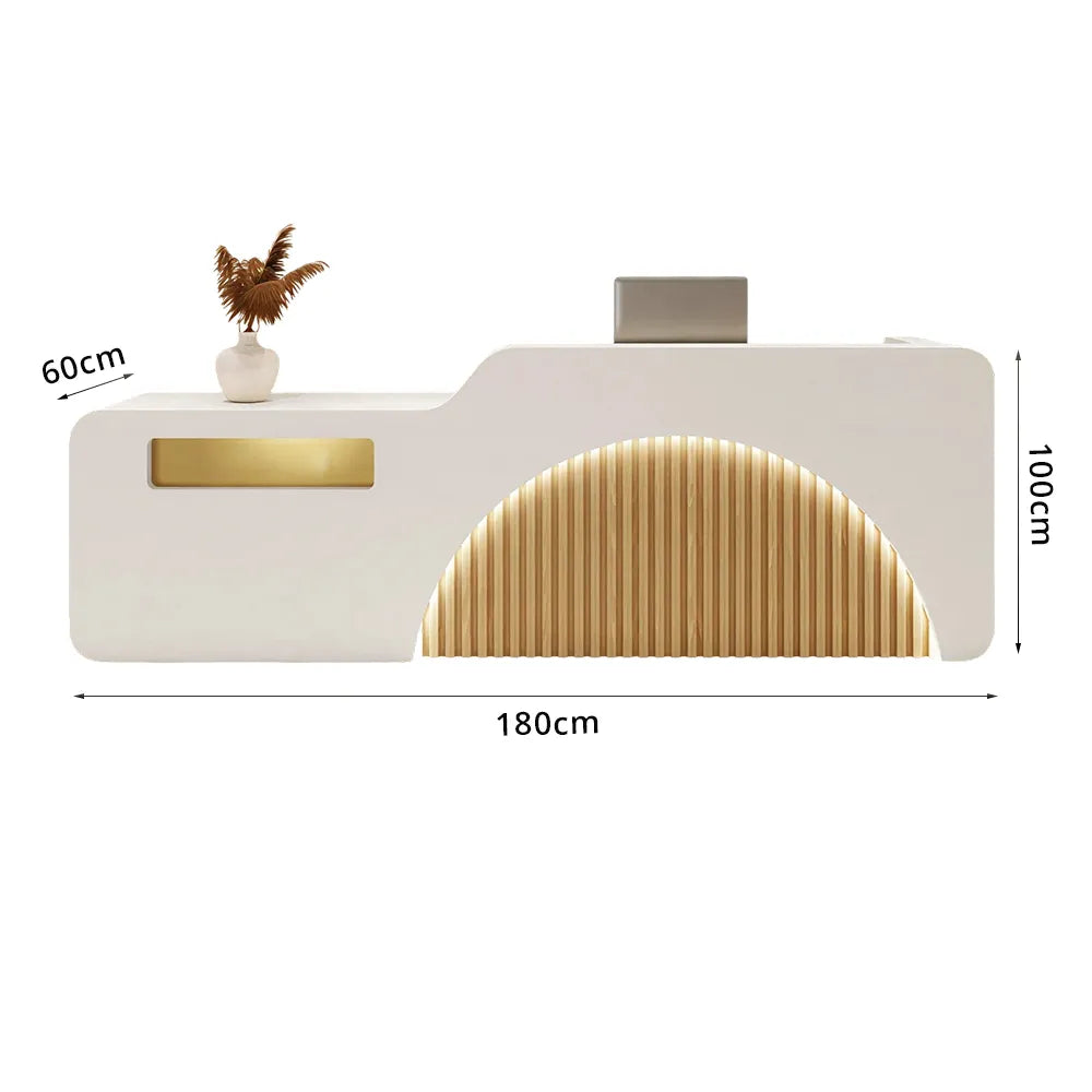 LUXORA Modern Reception Desk with Illuminated Stainless Steel Logo for Office Salon Retail Store - White & Natural Wood