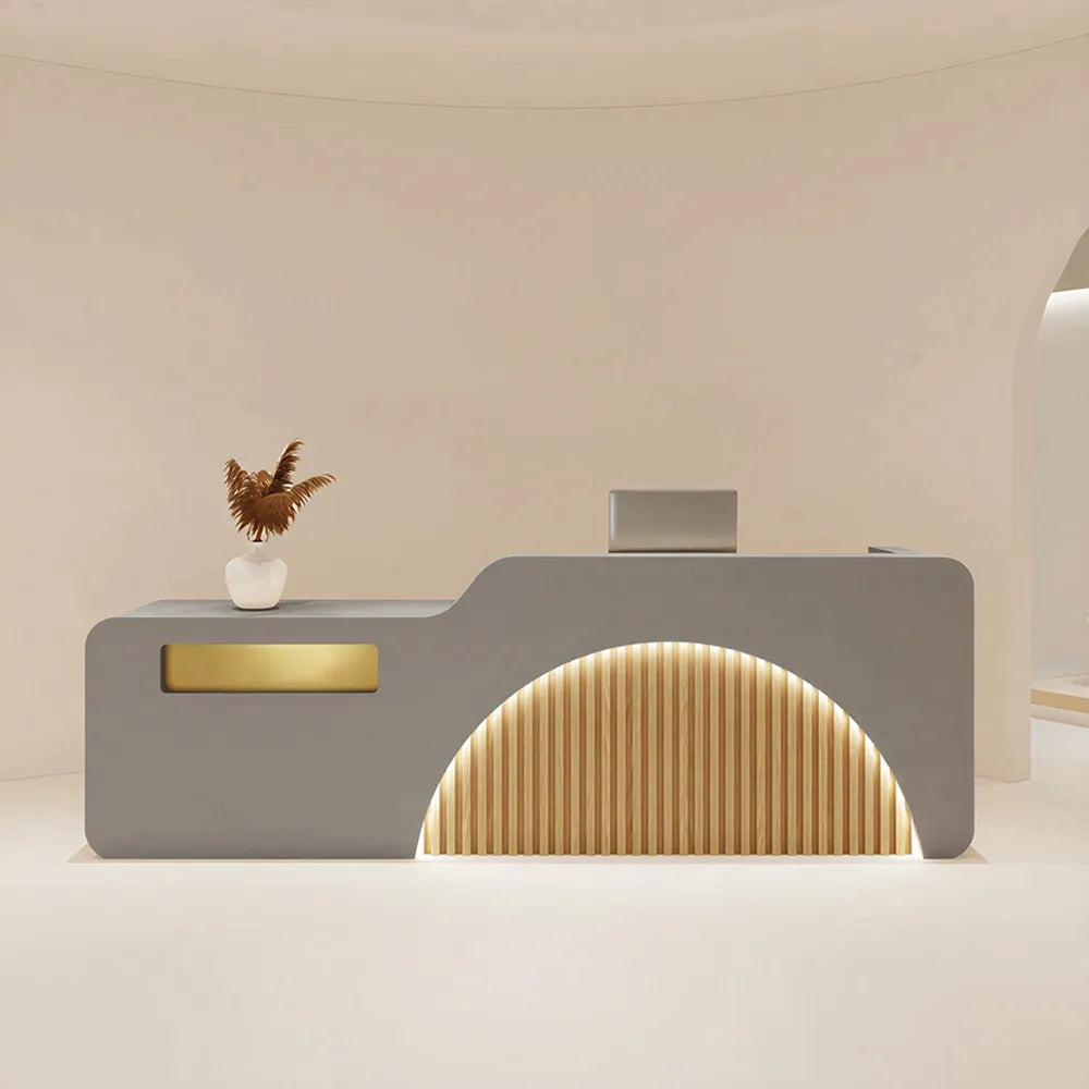 LUXORA Modern Reception Desk with Illuminated Stainless Steel Logo for Office Salon Retail Store - Grey & Natural Wood