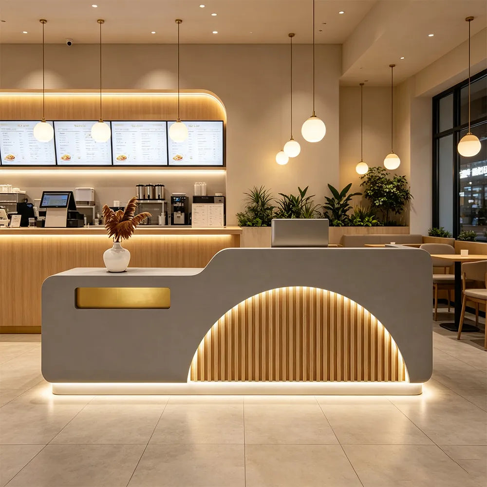 LUXORA Modern Reception Desk with Illuminated Stainless Steel Logo for Office Salon Retail Store - Grey & Natural Wood