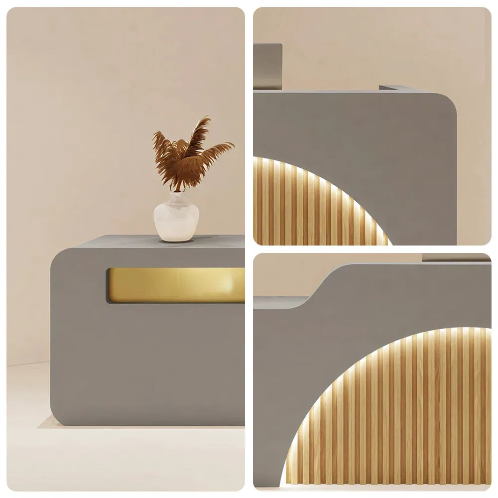 LUXORA Modern Reception Desk with Illuminated Stainless Steel Logo for Office Salon Retail Store - Grey & Natural Wood