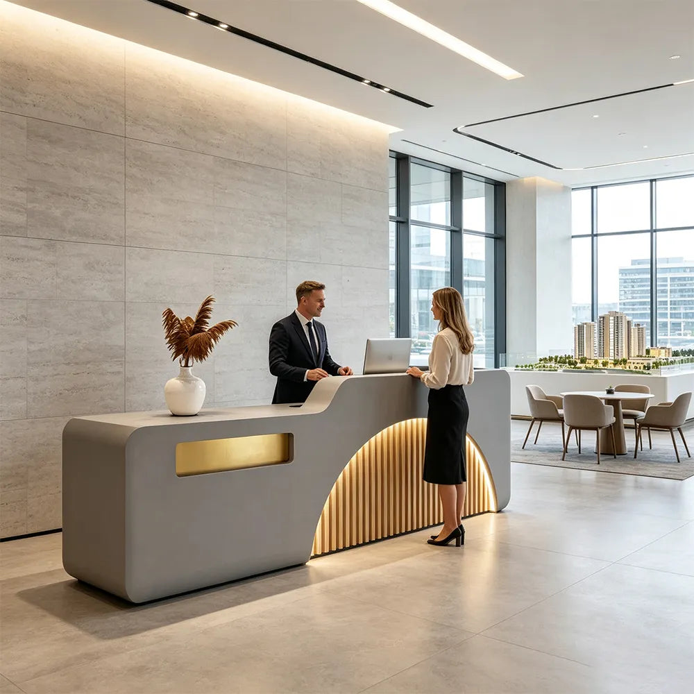 LUXORA Modern Reception Desk with Illuminated Stainless Steel Logo for Office Salon Retail Store - Grey & Natural Wood