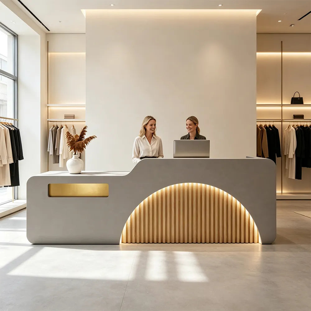 LUXORA Modern Reception Desk with Illuminated Stainless Steel Logo for Office Salon Retail Store - Grey & Natural Wood