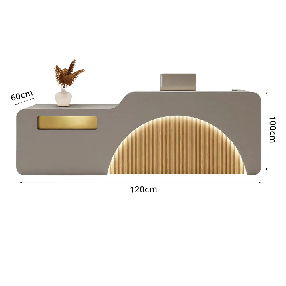 LUXORA Modern Reception Desk with Illuminated Stainless Steel Logo for Office Salon Retail Store - Grey & Natural Wood