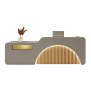 LUXORA Modern Reception Desk with Illuminated Stainless Steel Logo for Office Salon Retail Store - Grey & Natural Wood
