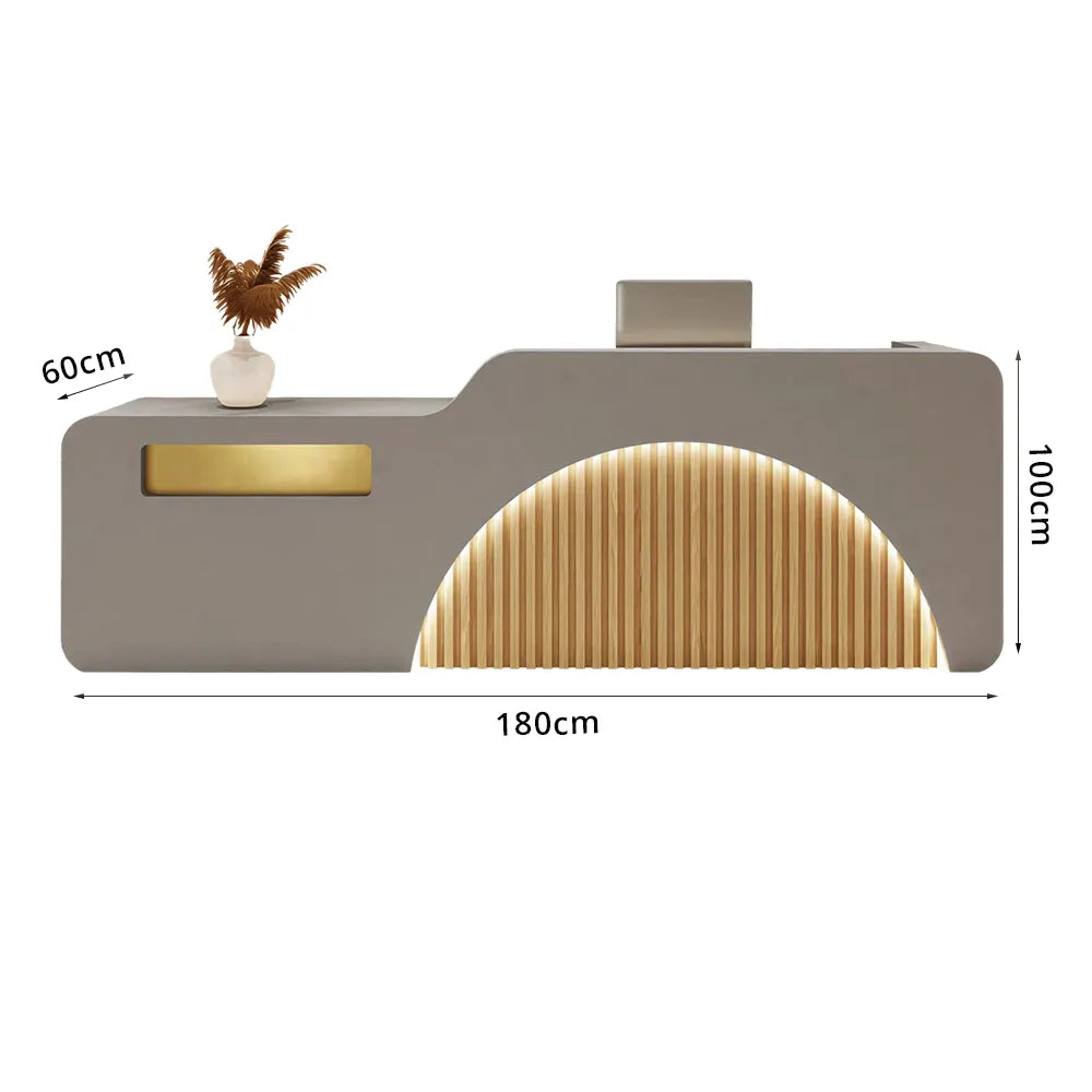 LUXORA Modern Reception Desk with Illuminated Stainless Steel Logo for Office Salon Retail Store - Grey & Natural Wood