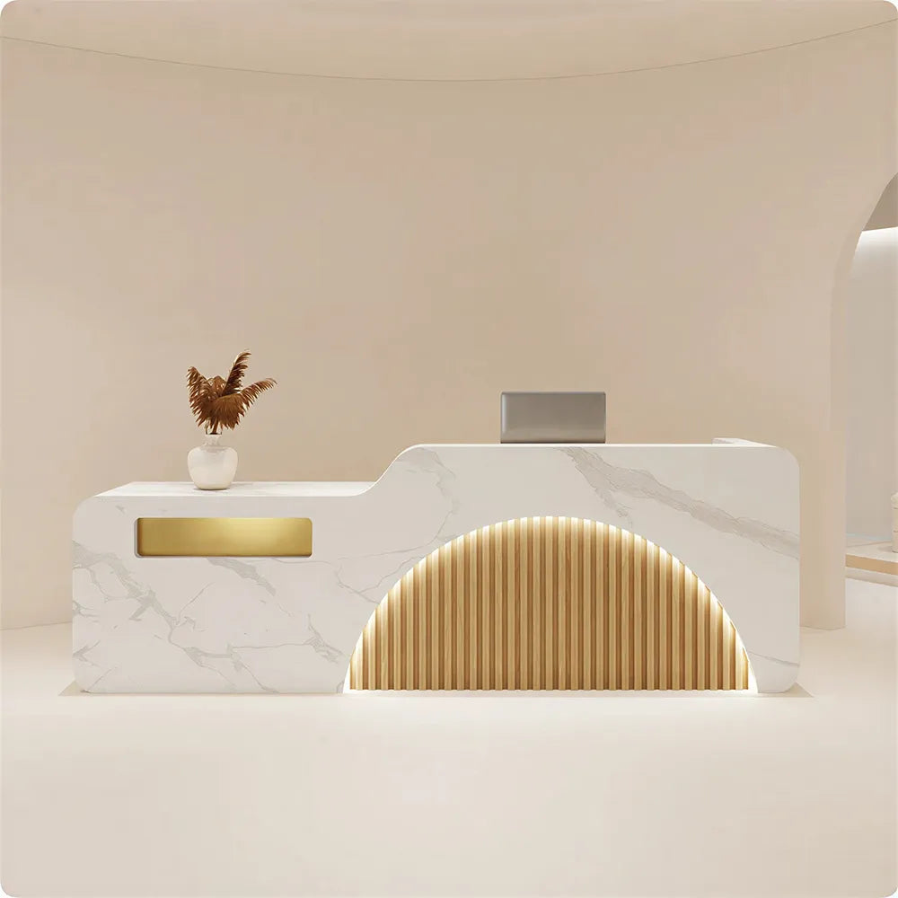 LUXORA Modern Reception Desk with Engraved Illuminated Stainless Steel Logo for Office Retail Store - Calacatta White & Natural Wood
