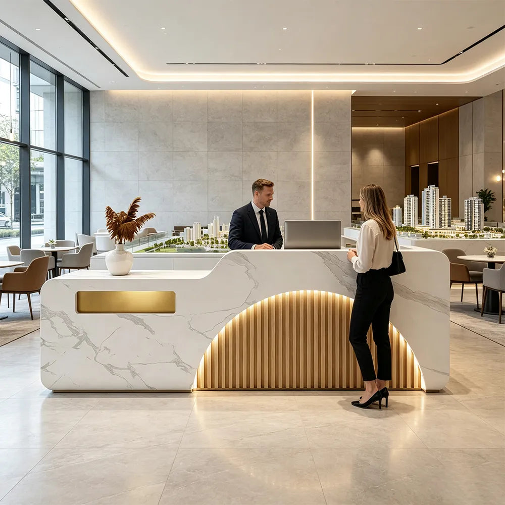 LUXORA Modern Reception Desk with Engraved Illuminated Stainless Steel Logo for Office Retail Store - Calacatta White & Natural Wood